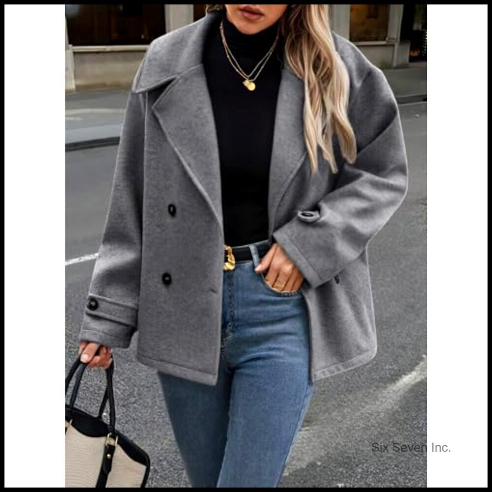 Wool Blend Pea Coat Cropped Blazer Jacket Loose Fit Double Breasted - Picture 5 of 6